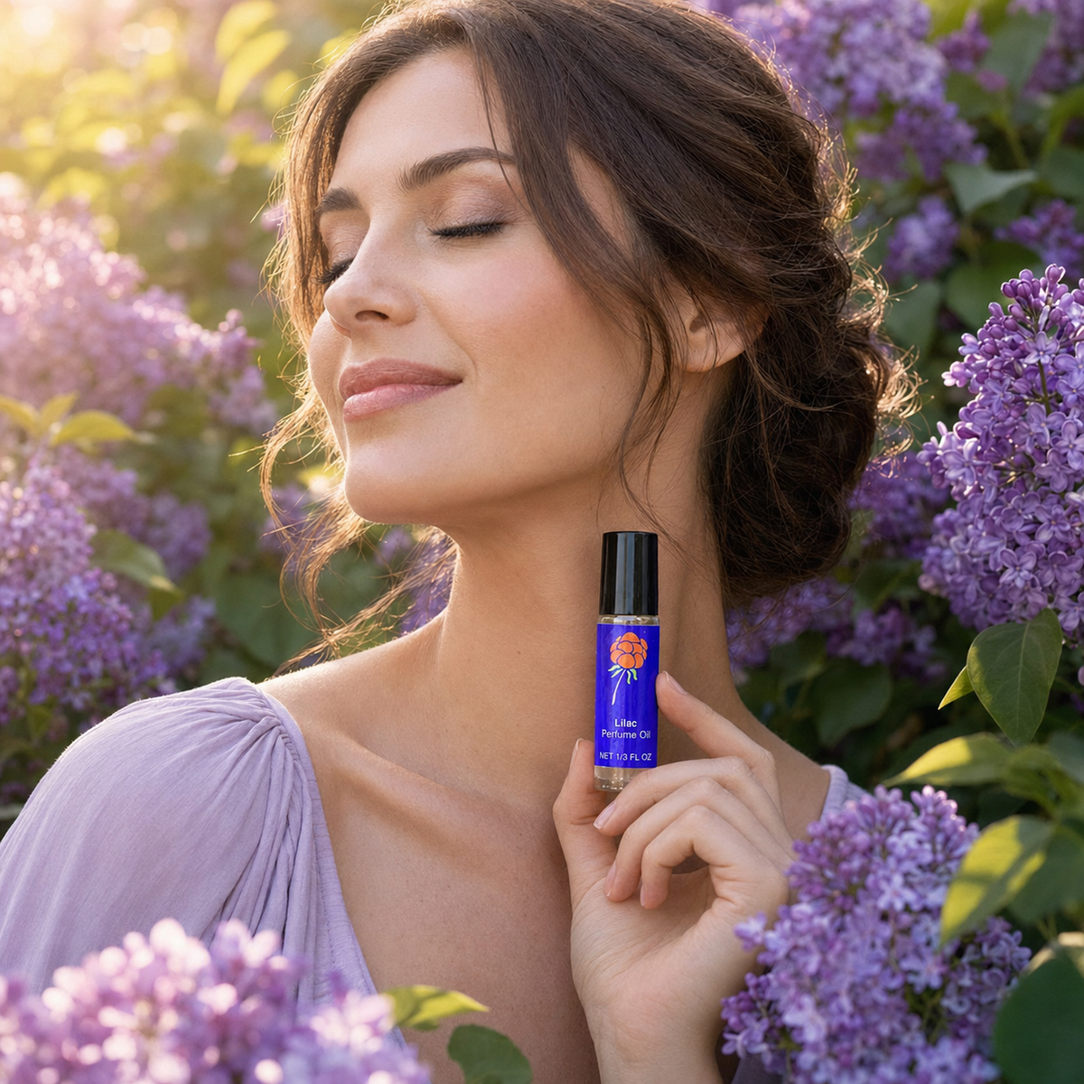 Woman holding Cloudberry Beauty Lilac Perfume Oil among sunlit lilac blossoms.
