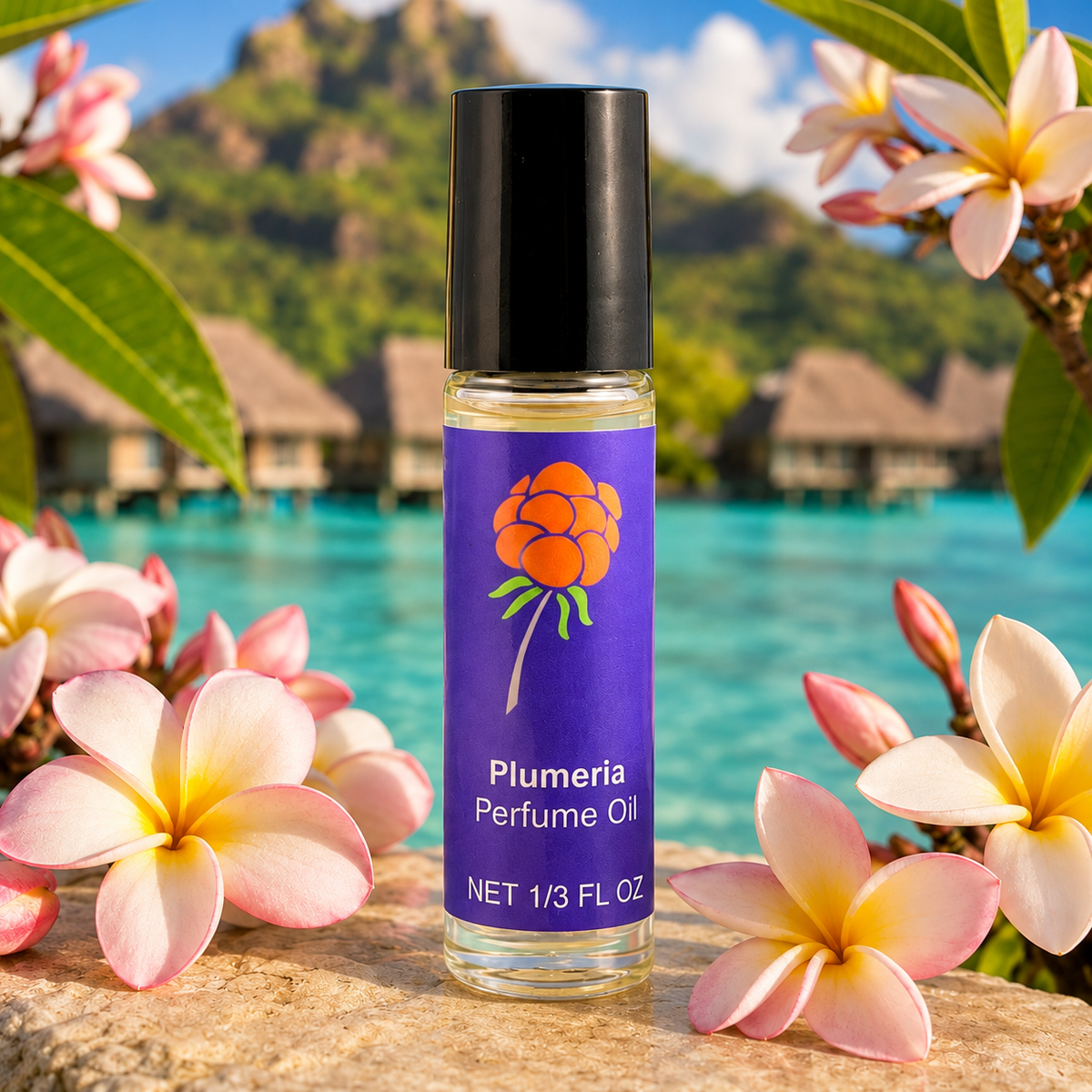 Cloudberry Beauty Plumeria Perfume Oil roll-on bottle in close-up, framed by plumeria flowers beside a turquoise tropical lagoon.