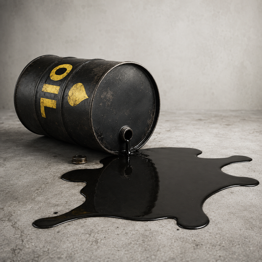 Black steel oil drum tipped on its side, leaking a dark pool of petroleum across a concrete floor.