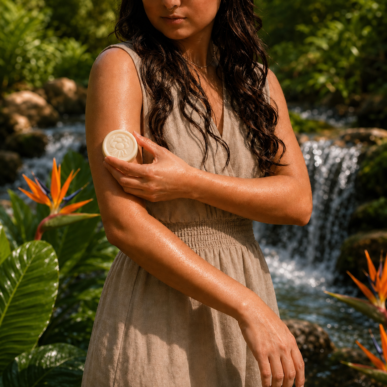 Woman applying Bird of Paradise Solid Lotion Body Bar to her arm beside a tropical waterfall.