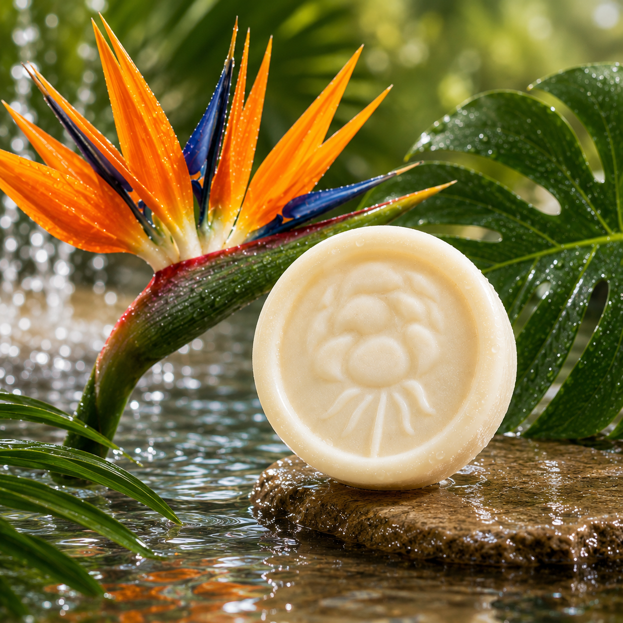 Bird of Paradise Solid Lotion Body Bar beside tropical flowers and wet green foliage at the water's edge.