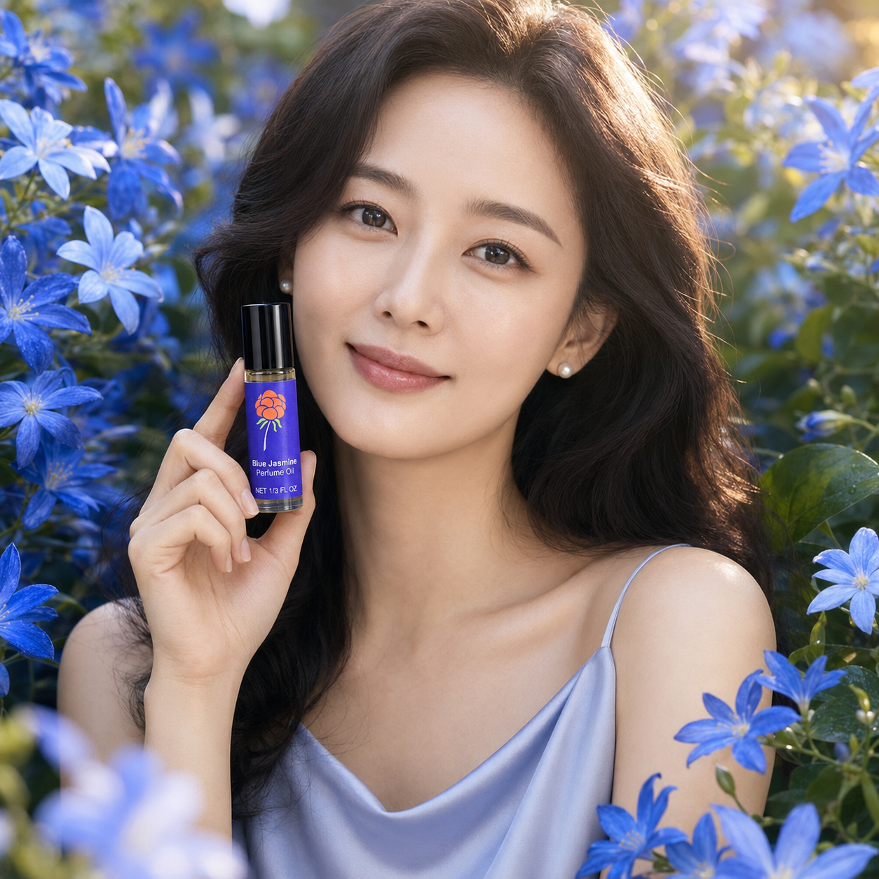 Woman holding Blue Jasmine Perfume Oil in a sunlit garden filled with blue flowers.