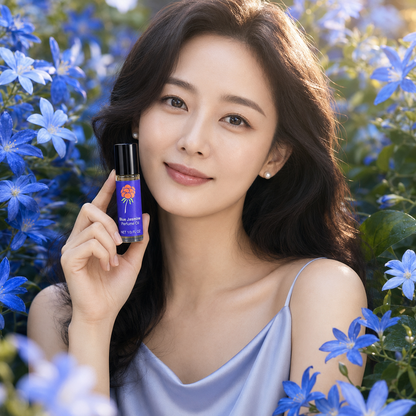 Woman holding Blue Jasmine Perfume Oil in a sunlit garden filled with blue flowers.