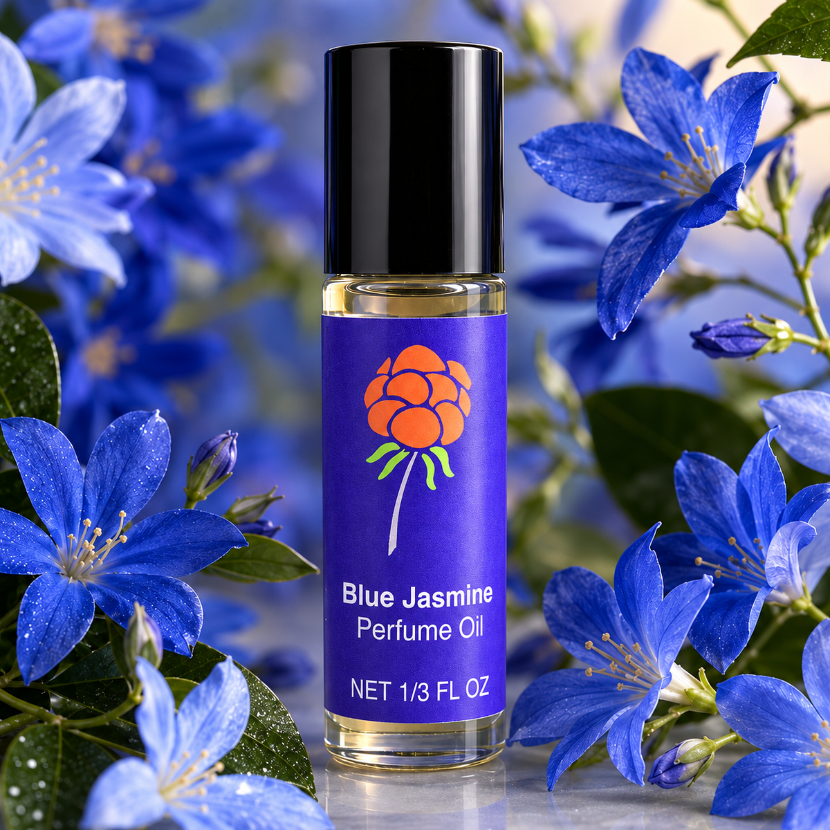 Close-up of Cloudberry Beauty Blue Jasmine Perfume Oil roll-on bottle surrounded by vivid blue flowers.