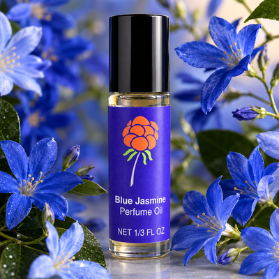 Close-up of Cloudberry Beauty Blue Jasmine Perfume Oil roll-on bottle surrounded by vivid blue flowers.