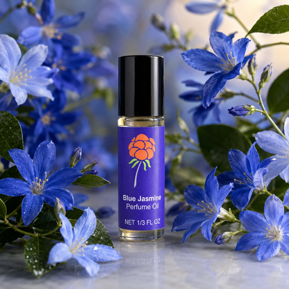 Cloudberry Beauty Blue Jasmine Perfume Oil roll-on bottle surrounded by vivid blue flowers.