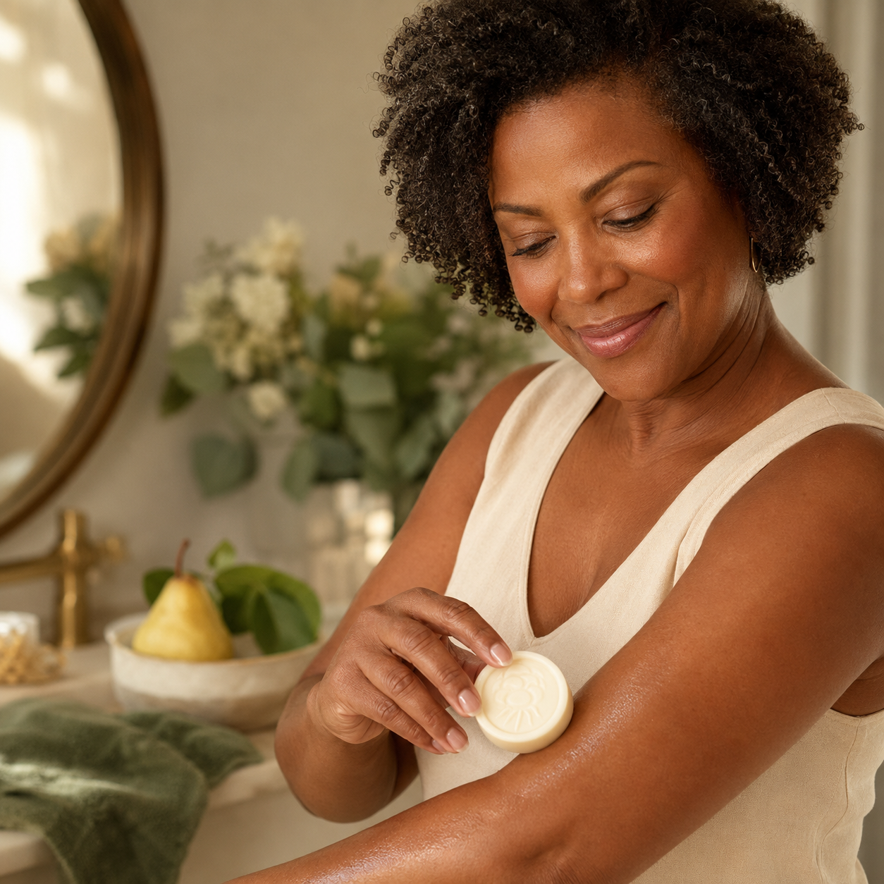 Woman applying Brandied Pear Solid Lotion Body Bar to her upper arm in a warm bathroom setting.