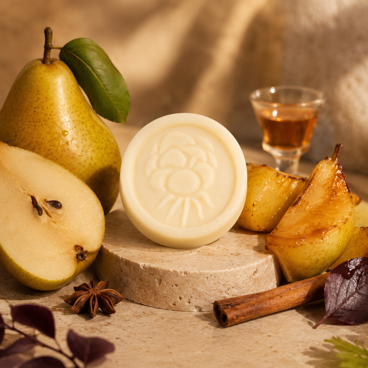 Brandied Pear Solid Lotion Body Bar styled with fresh pears, cinnamon, star anise and a small glass of brandy.
