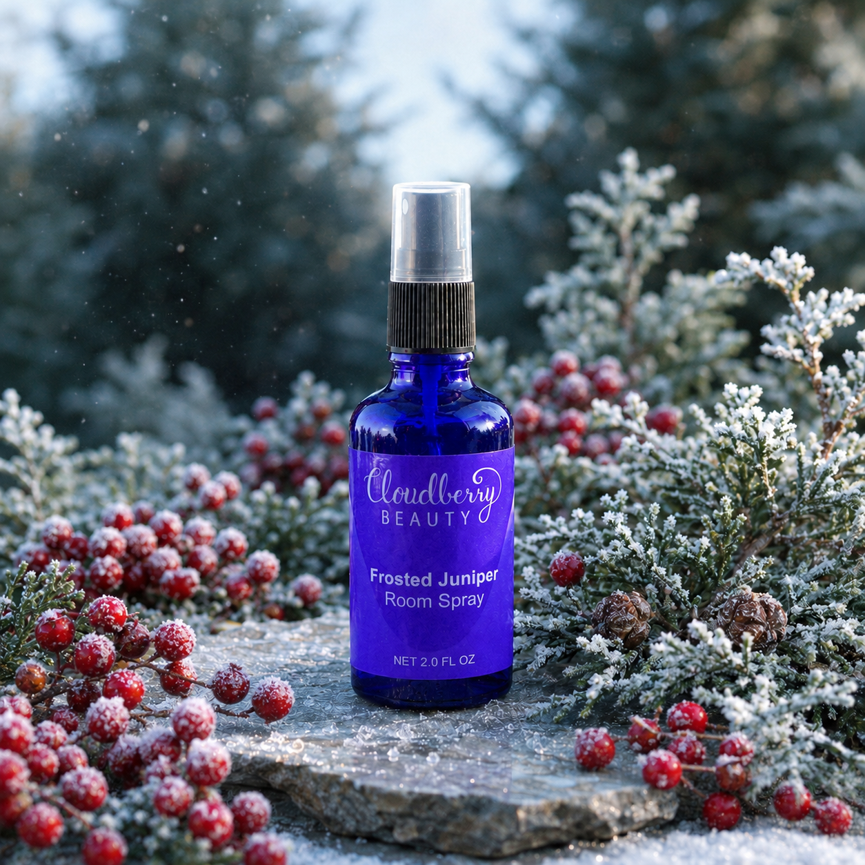Cloudberry Beauty Frosted Juniper Room Spray among snow-dusted juniper branches and red berries.