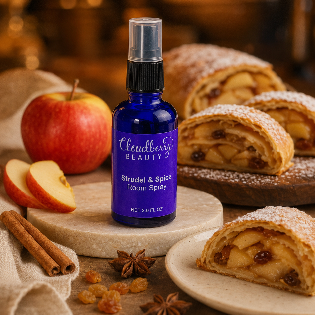 Cloudberry Beauty Strudel and Spice Room Spray styled with apple strudel, fresh apple and cinnamon sticks.