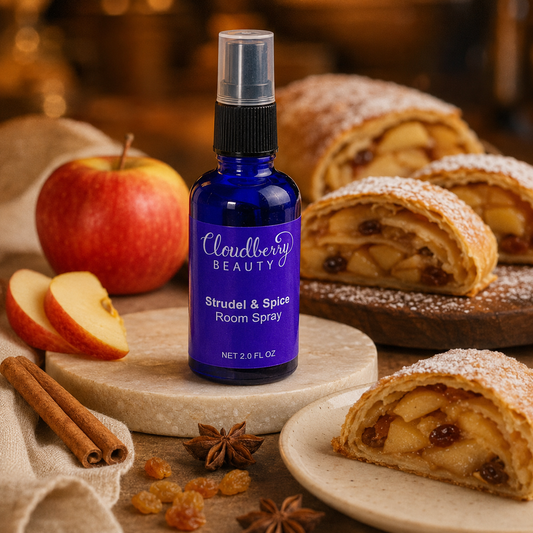 Cloudberry Beauty Strudel and Spice Room Spray styled with apple strudel, fresh apple and cinnamon sticks.