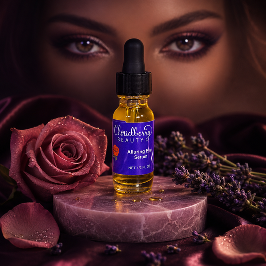 Cloudberry Beauty Alluring Eye Serum on a rose-colored pedestal with roses, lavender and a close-up of a woman's eyes.