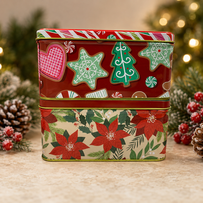 Two stacked Christmas gift tins featuring gingerbread cookie and poinsettia designs.