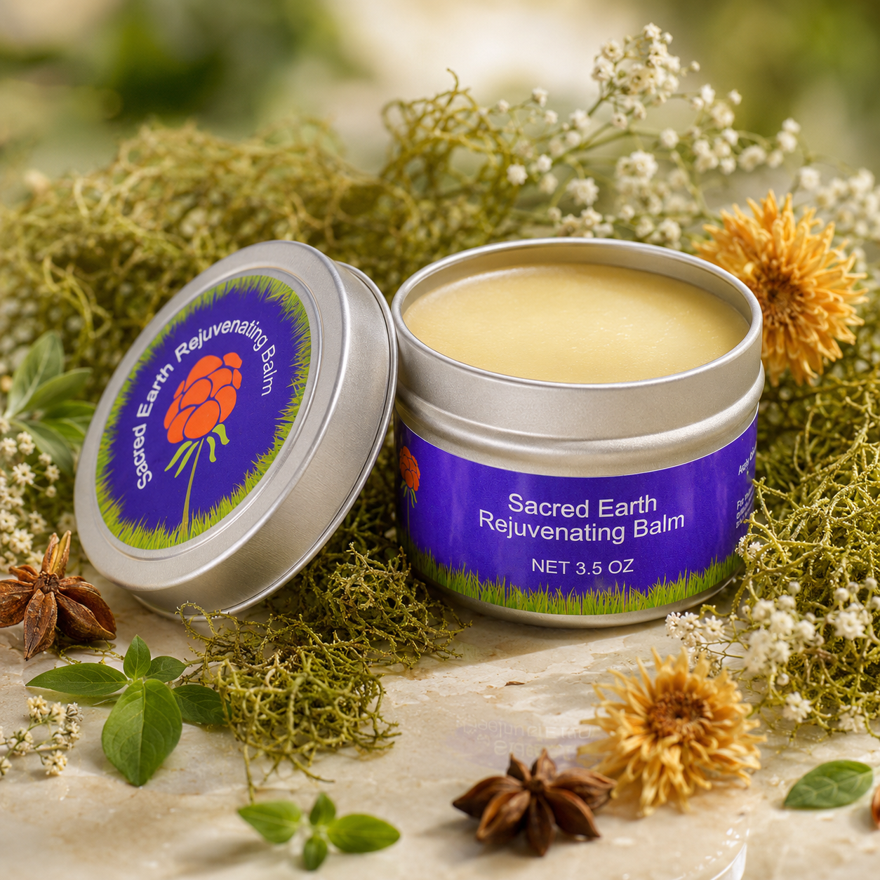 Open tin of Cloudberry Beauty Sacred Earth Rejuvenating Balm styled with moss, herbs and star anise.