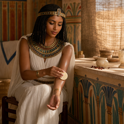 Woman in ancient Egyptian-inspired dress applying Egyptian Amber Solid Lotion Body Bar to her arm.