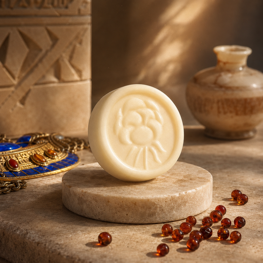 Egyptian Amber Solid Lotion Body Bar on a stone pedestal with amber beads and Egyptian-inspired decor.