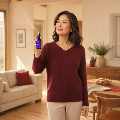 Woman holding Cloudberry Beauty Gingerbread Room Spray in a warm, festive living and dining room.