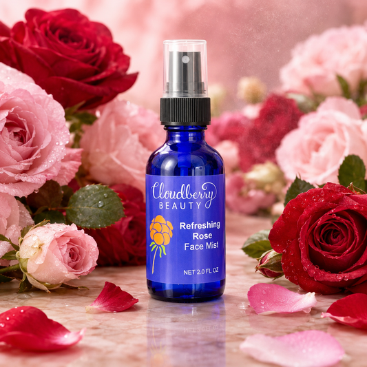 Cloudberry Beauty Refreshing Rose Face Mist surrounded by pink and red roses and scattered petals.