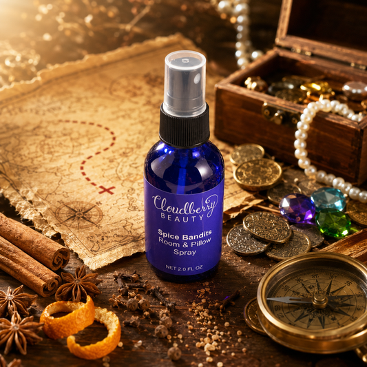Cloudberry Beauty Spice Bandits Pillow and Room Spray on a treasure map with coins, jewels and warm spices.