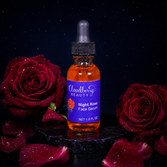 Cloudberry Beauty Night Rose Face Serum dropper bottle surrounded by deep red roses against a starry background.