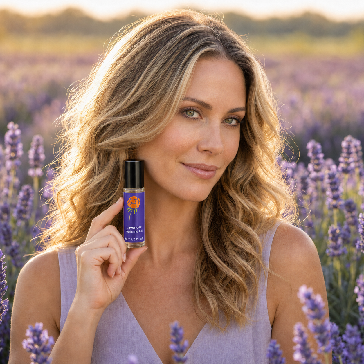 Woman holding Cloudberry Beauty Lavender Perfume Oil in a sunlit lavender field.