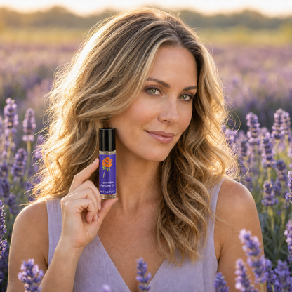 Woman holding Cloudberry Beauty Lavender Perfume Oil in a sunlit lavender field.