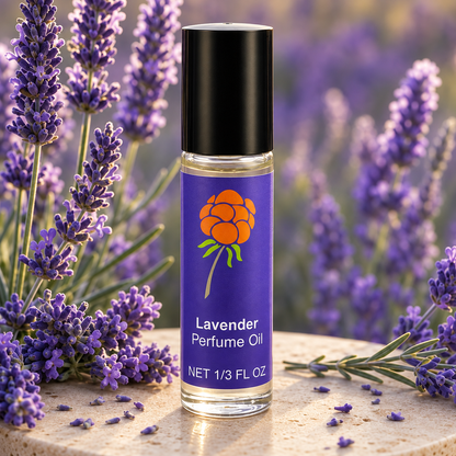 Close-up of Cloudberry Beauty Lavender Perfume Oil roll-on bottle displayed among blooming lavender.
