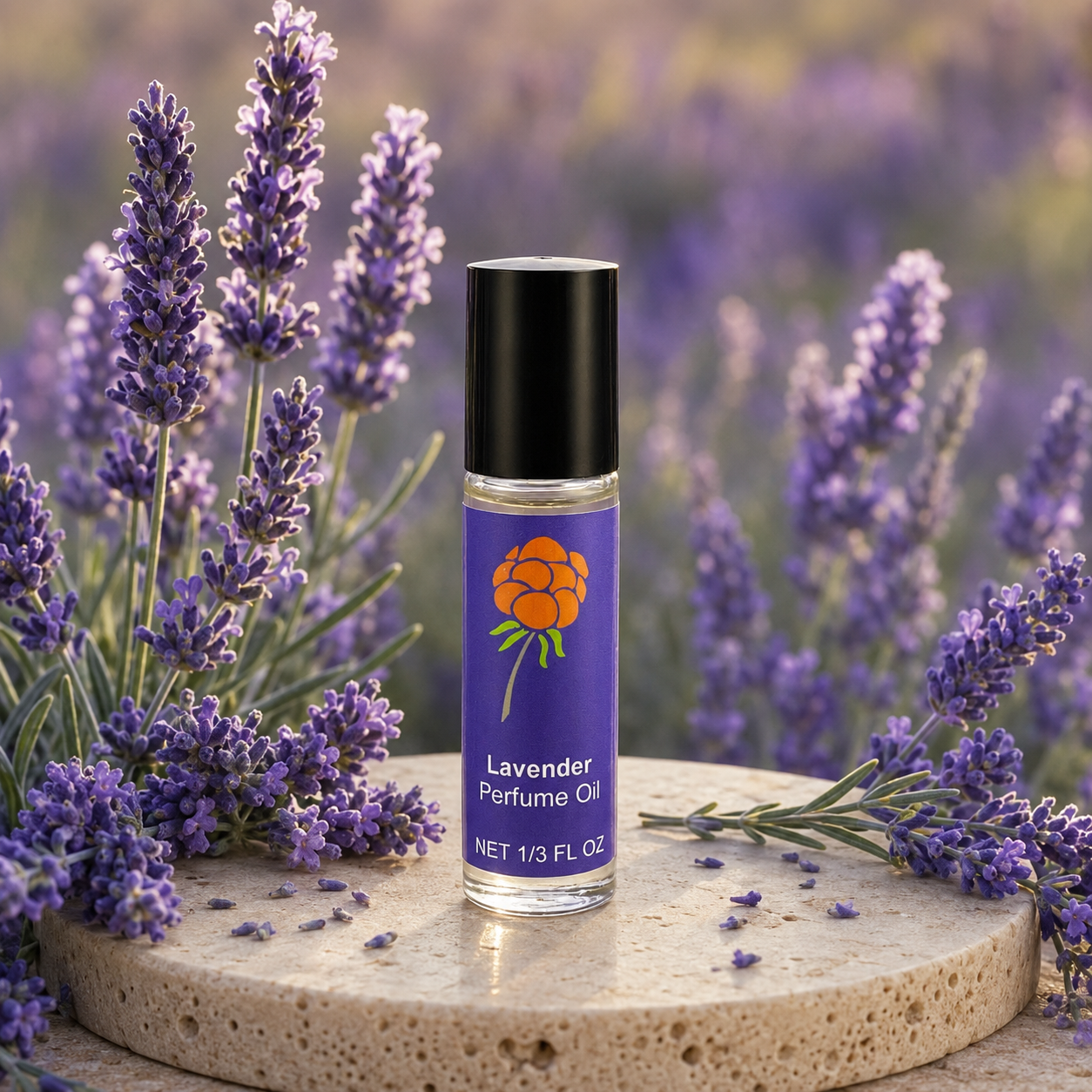 Cloudberry Beauty Lavender Perfume Oil roll-on bottle displayed among blooming lavender.