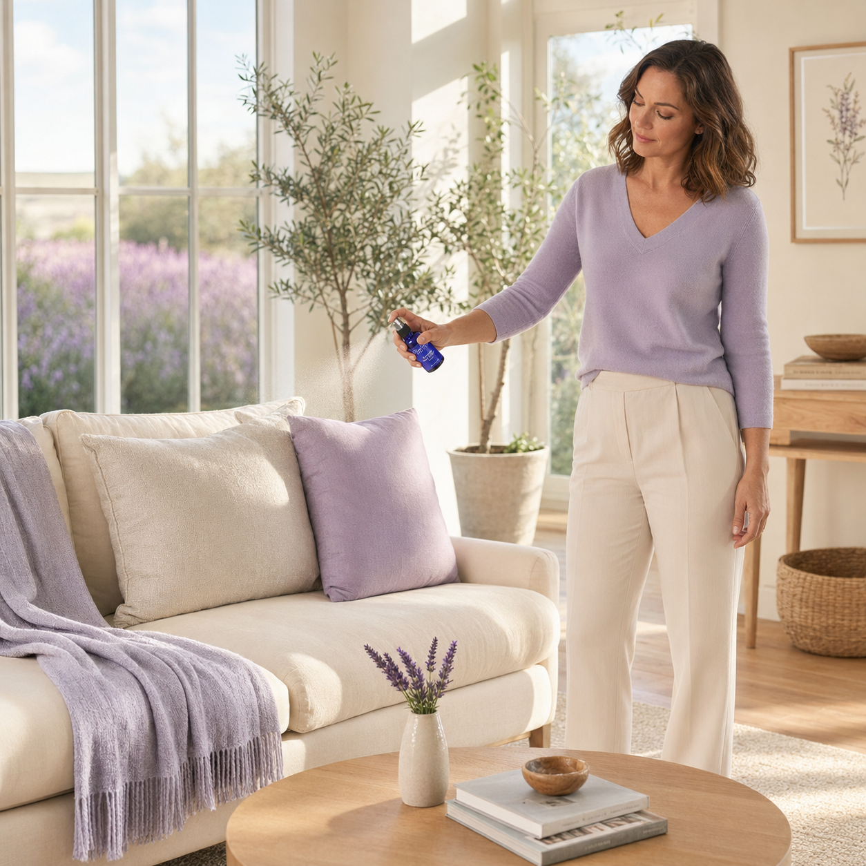 Woman spraying Cloudberry Beauty Lavender Room and Pillow Spray over a sofa in a bright living room.
