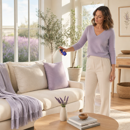 Woman spraying Cloudberry Beauty Lavender Room and Pillow Spray over a sofa in a bright living room.