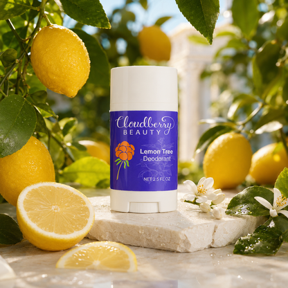 Cloudberry Beauty Lemon Tree Deodorant displayed with fresh lemons, green leaves and citrus blossoms.