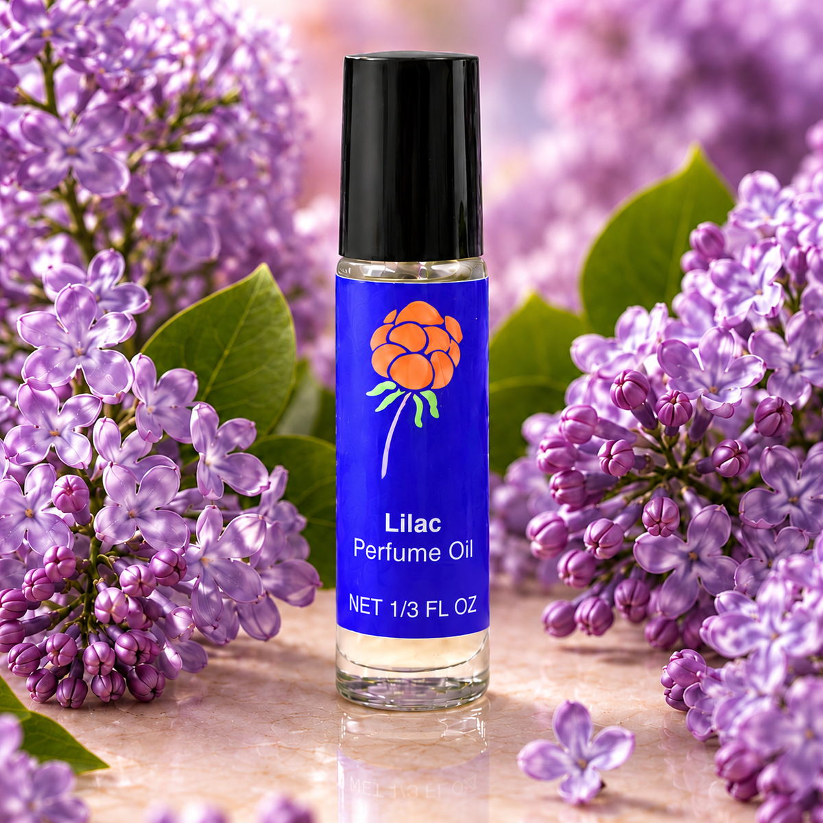Close-up of Cloudberry Beauty Lilac Perfume Oil roll-on bottle surrounded by blooming purple lilacs.