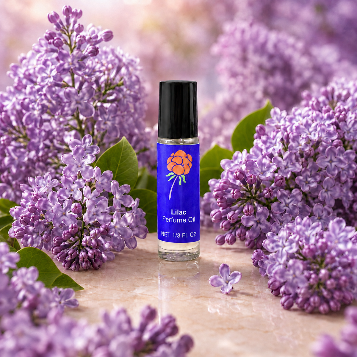 Cloudberry Beauty Lilac Perfume Oil roll-on bottle surrounded by blooming purple lilacs.