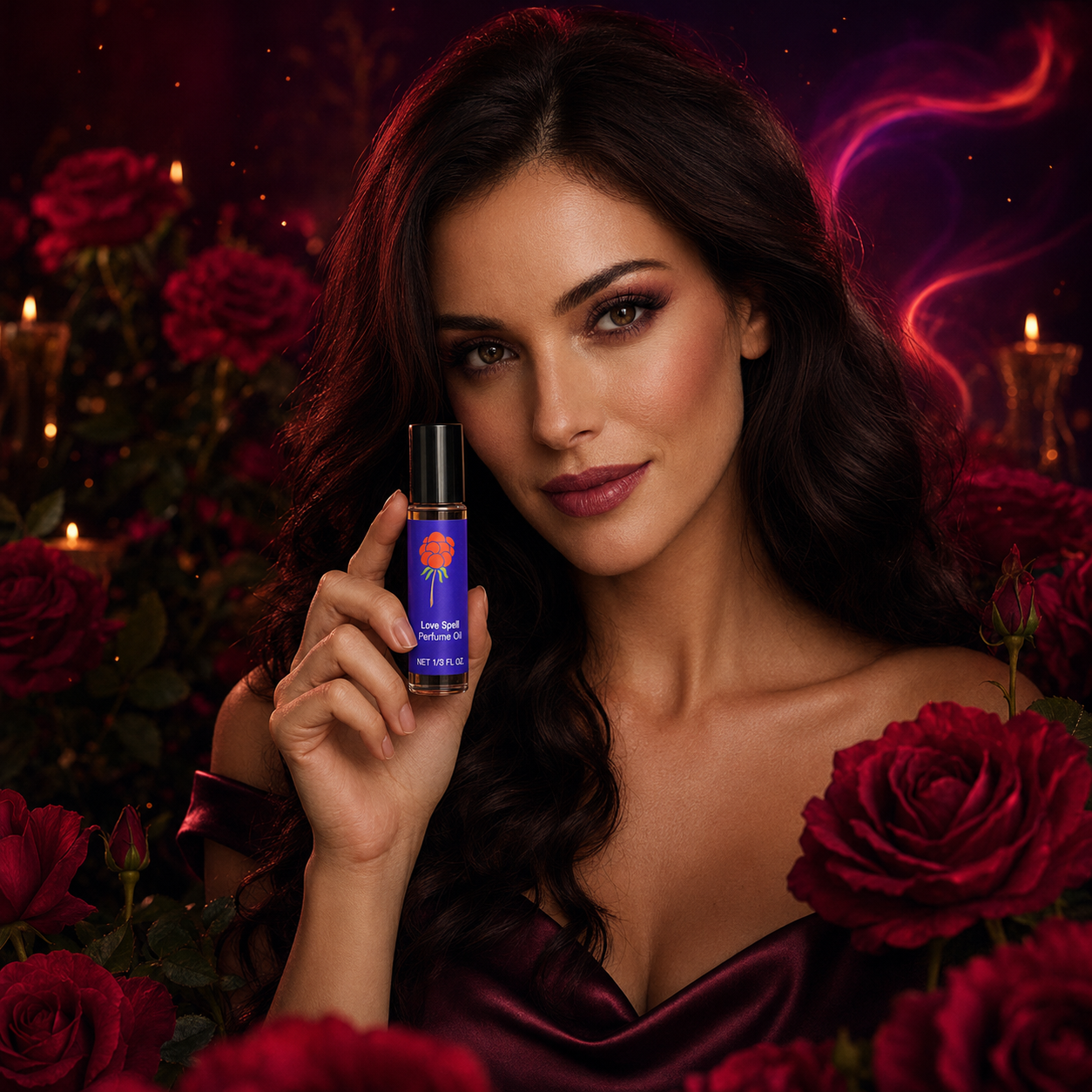 Woman holding Cloudberry Beauty Love Spell Perfume Oil among red roses and candlelight.