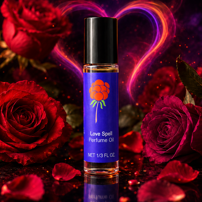 Close-up of Cloudberry Beauty Love Spell Perfume Oil framed by red roses and a glowing heart against a dark background.