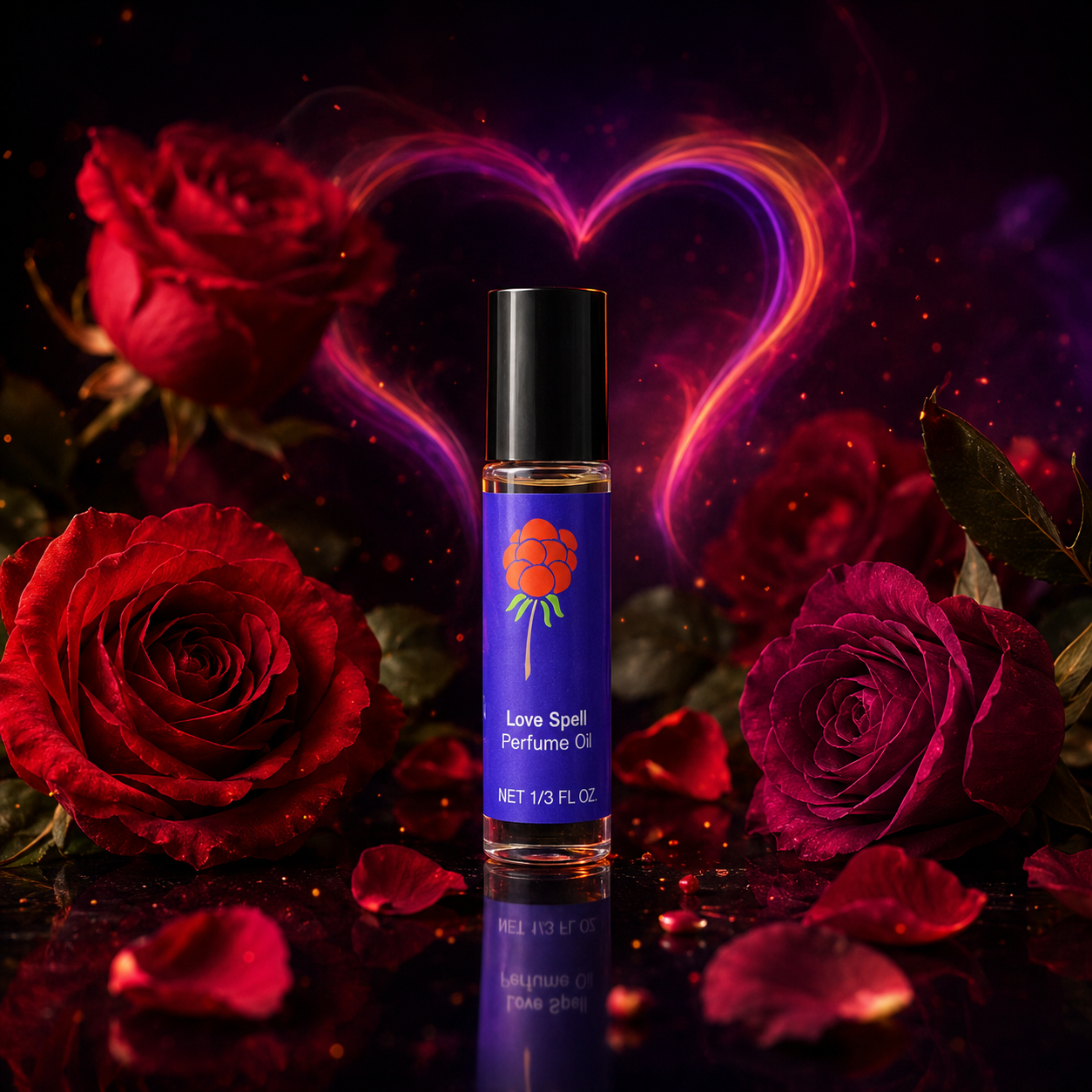 Cloudberry Beauty Love Spell Perfume Oil framed by red roses and a glowing heart against a dark background.