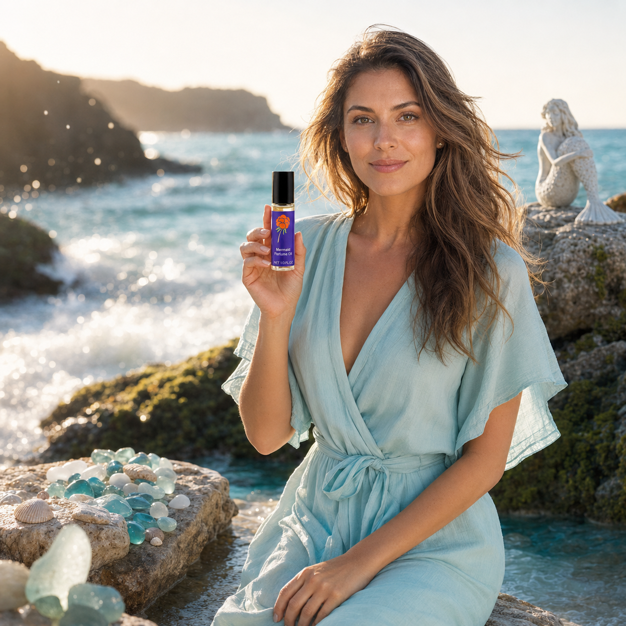 Woman holding Cloudberry Beauty Mermaid Perfume Oil on a rocky shore beside a mermaid statue.
