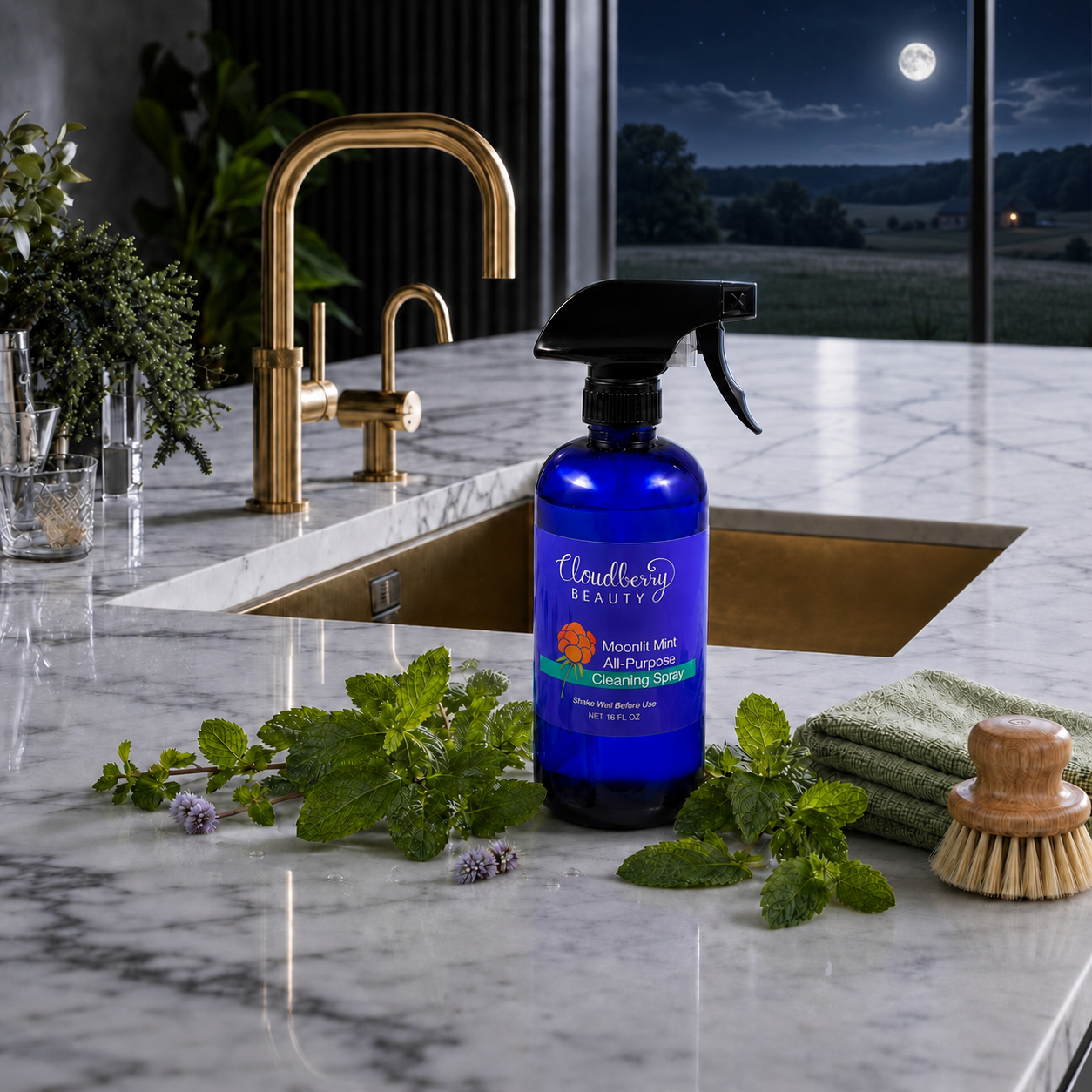 Cloudberry Beauty Moonlit Mint All-Purpose Cleaning Spray on a marble sink with fresh mint under moonlight.