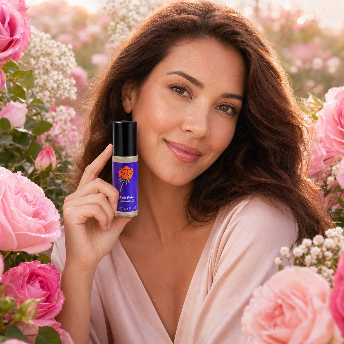 Woman holding Cloudberry Beauty Pink Petal Perfume Oil in a blooming pink rose garden.