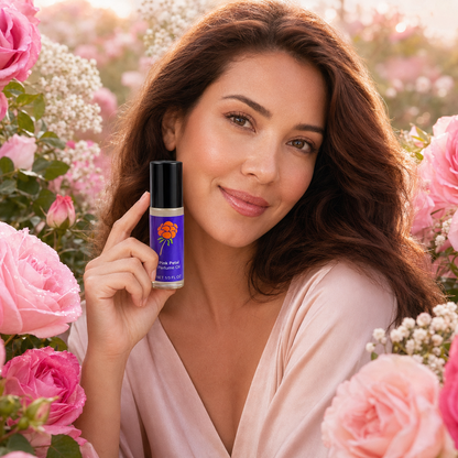 Woman holding Cloudberry Beauty Pink Petal Perfume Oil in a blooming pink rose garden.