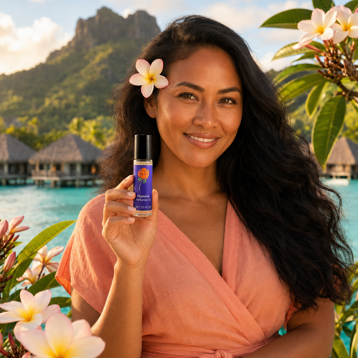 Woman holding Cloudberry Beauty Plumeria Perfume Oil in a tropical island setting with plumeria blossoms.