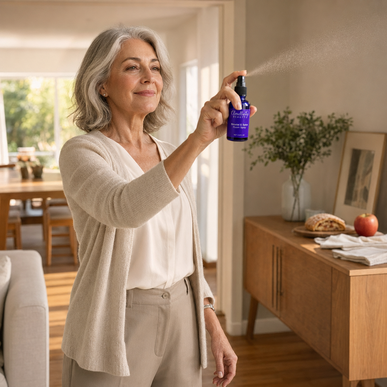 Woman spraying Cloudberry Beauty Strudel and Spice Room Spray in a warm living room.