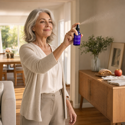 Woman spraying Cloudberry Beauty Strudel and Spice Room Spray in a warm living room.