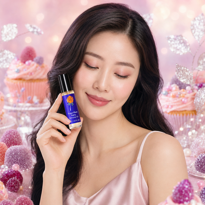 Woman holding Cloudberry Beauty Sugar Plum Fairy Perfume Oil against a sparkling candy-themed backdrop.