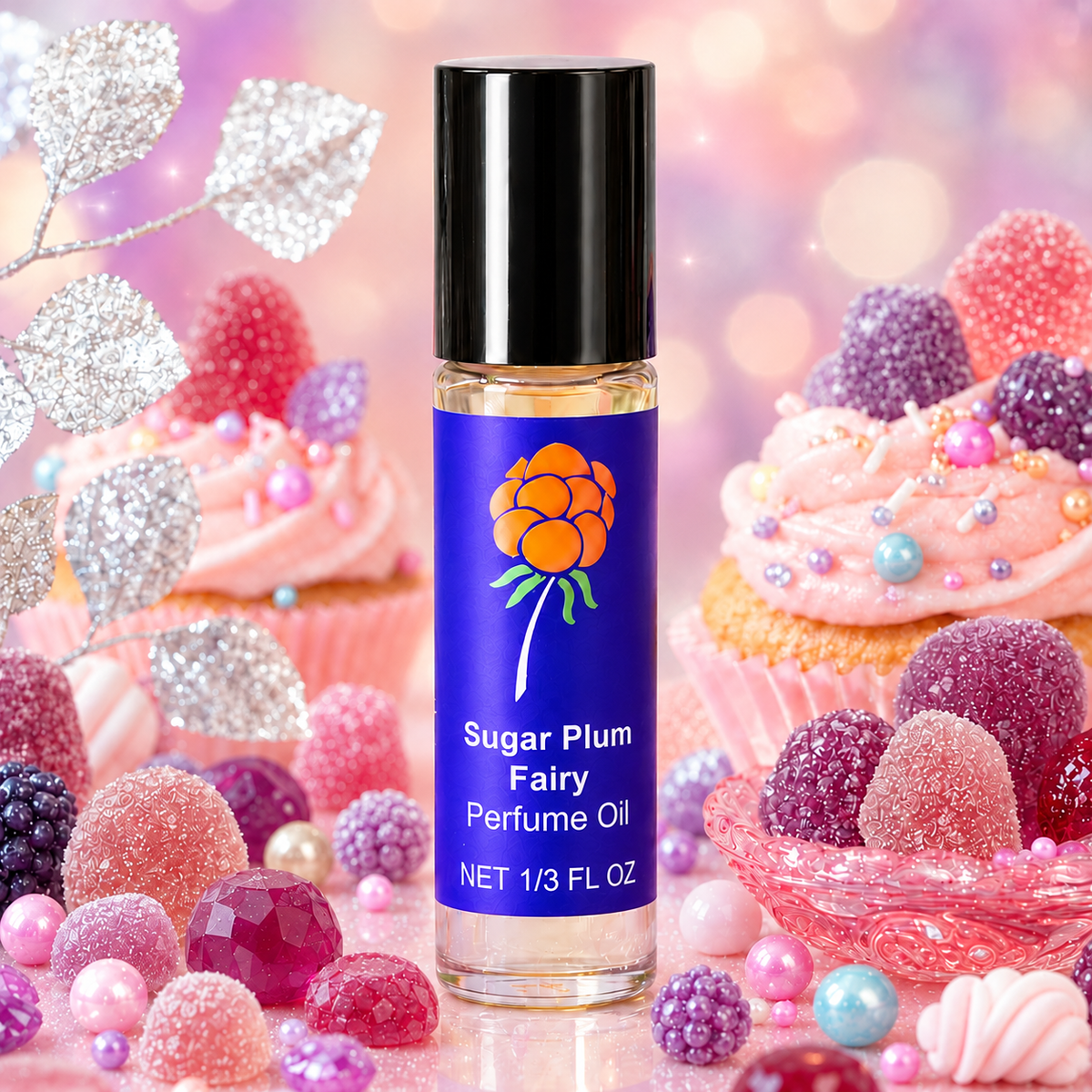 Close-up of Cloudberry Beauty Sugar Plum Fairy Perfume Oil surrounded by pink cupcakes, gumdrops and sparkling candy.