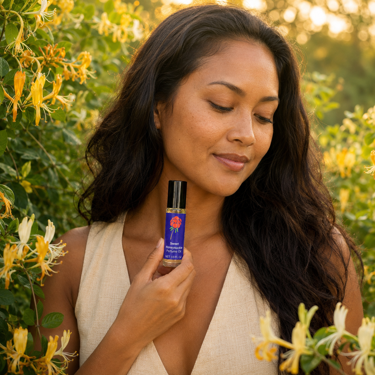 Woman holding Cloudberry Beauty Sweet Honeysuckle Perfume Oil among sunlit honeysuckle blossoms.