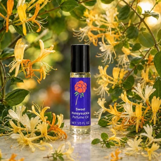 Cloudberry Beauty Sweet Honeysuckle Perfume Oil roll-on bottle surrounded by yellow and white honeysuckle blossoms.