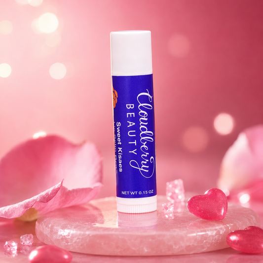 Cloudberry Beauty Sweet Kisses Lip Balm tube displayed on a pink stone pedestal with heart-shaped accents.