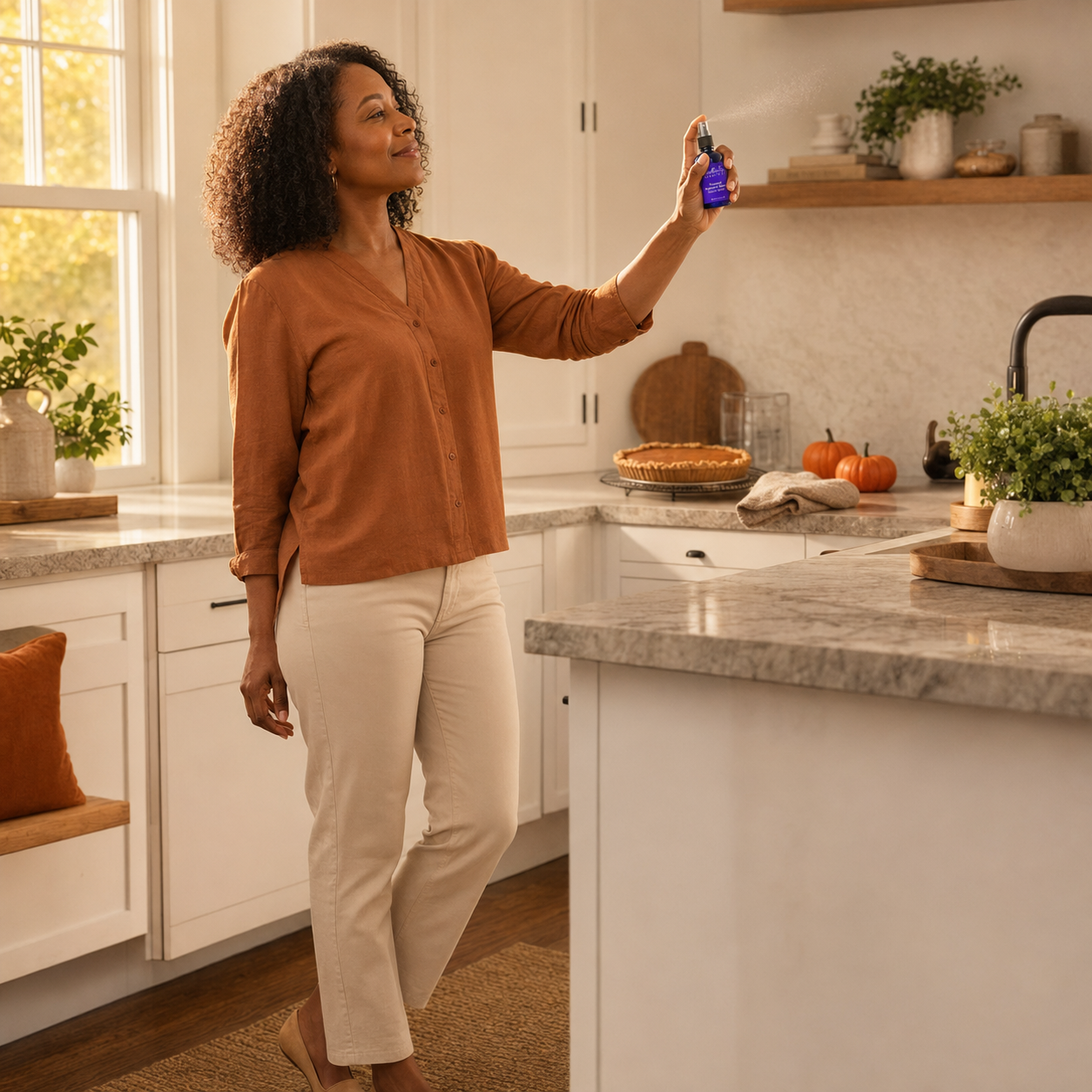 Woman spraying Cloudberry Beauty Toasted Pumpkin Spice Room Spray in an autumn kitchen with pumpkin pie.