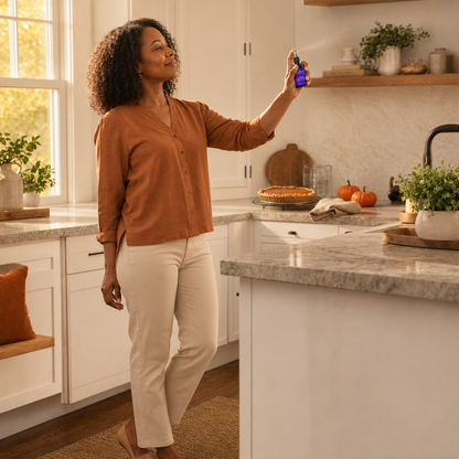 Woman spraying Cloudberry Beauty Toasted Pumpkin Spice Room Spray in an autumn kitchen with pumpkin pie.